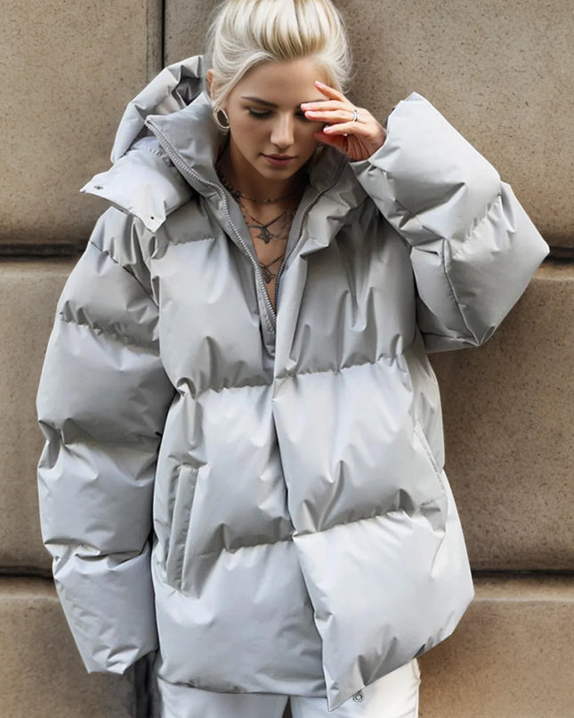 Pocketed Zip Up Hooded Puffer Jacket Light Gray