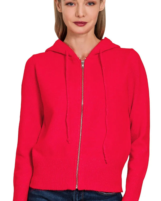 Zenana Drawstring Zip Up Hooded Cardigan RED