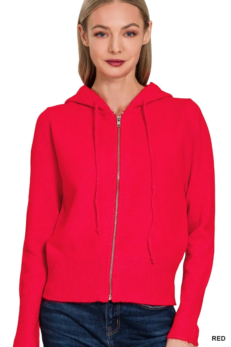 Zenana Drawstring Zip Up Hooded Cardigan RED