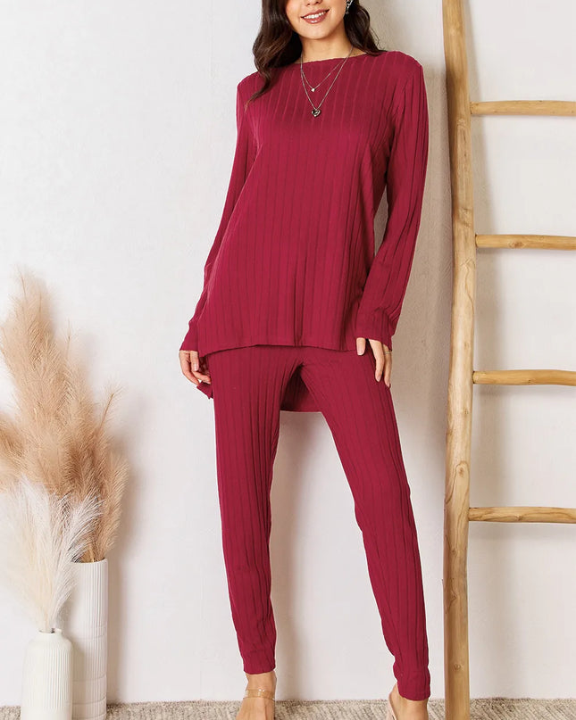 Basic Bae Full Size Ribbed Round Neck High-Low Slit Top and Pants Set Deep Red