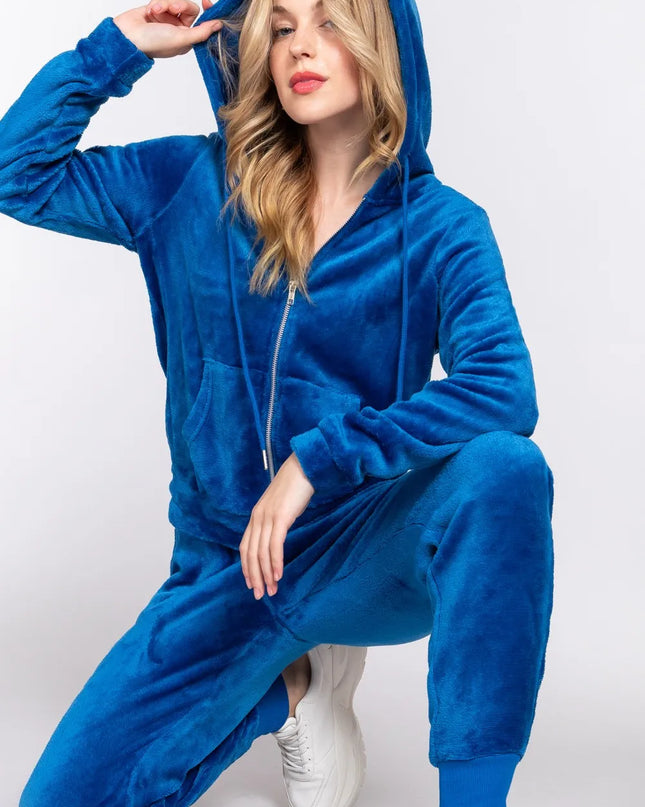 ACTIVE BASIC Faux Fur Zip Up Long Sleeve Hoodie and Joggers Set DEEP BLUE