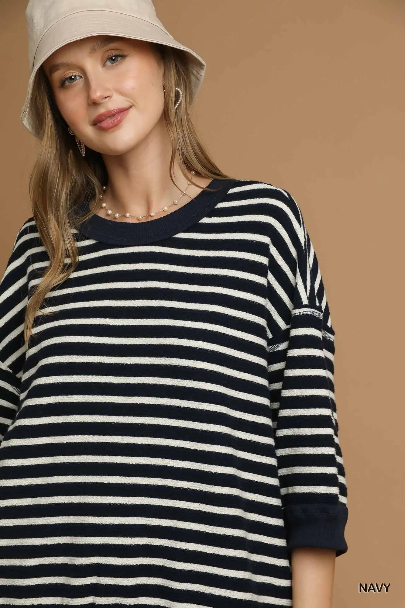 Umgee Ribbed Hem Striped Oversized Knit Top