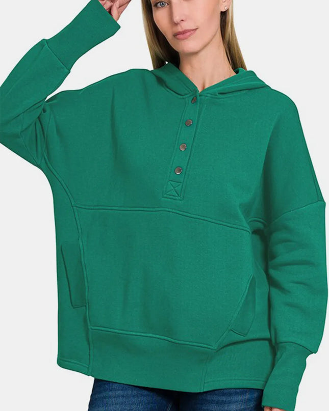 Zenana Half Snap Long Sleeve Hoodie with Kangaroo Pocket Dark Green