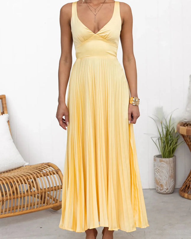 Pleated V-Neck Sleeveless Maxi Dress