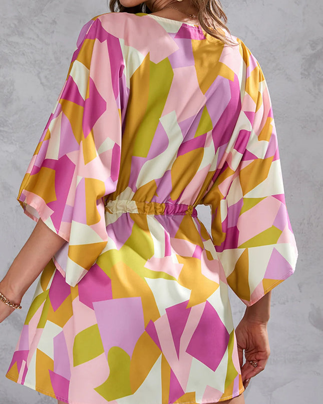 Color Block Drawstring Waist Button Up Dress