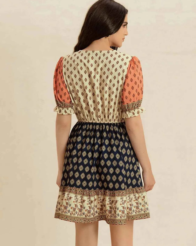 Printed V-Neck Short Sleeve Dress