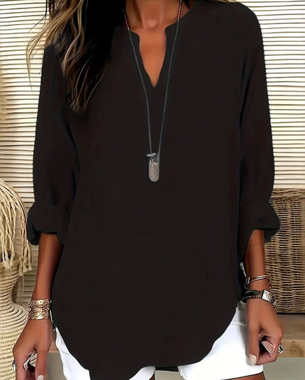 Notched Long Sleeve Casual Blouse Black