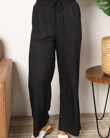 Double Take Drawstring Smocked Waist Wide Leg Pants Black