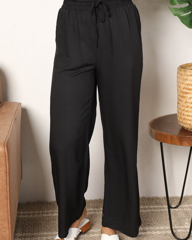 Double Take Drawstring Smocked Waist Wide Leg Pants Black