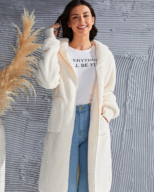 Double Take Full Size Hooded Teddy Bear Jacket with Thumbholes