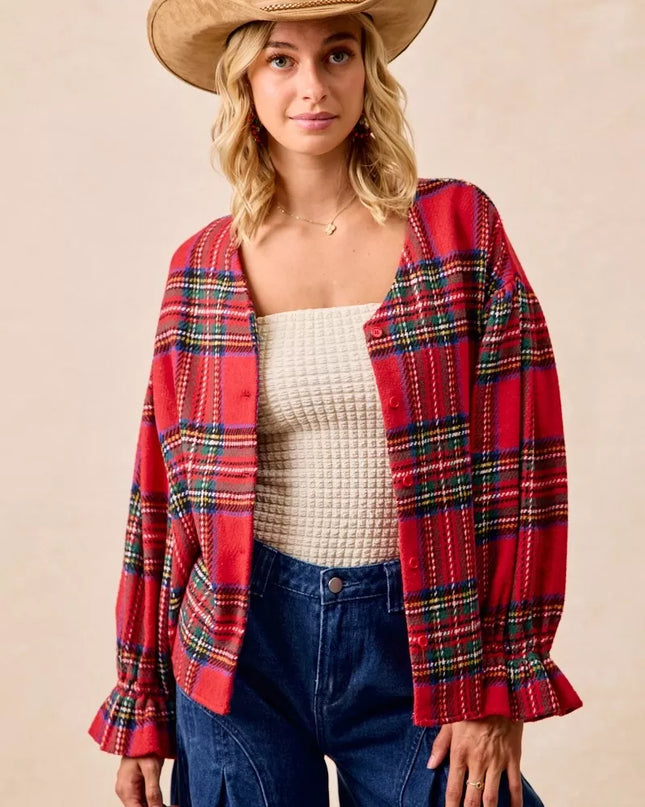 BiBi Christmas Plaid V-Neck Flounce Sleeve Jacket