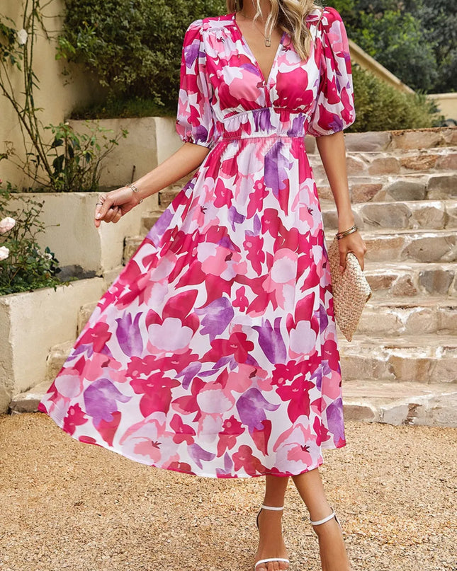 Printed Puff Sleeve Midi Dress 