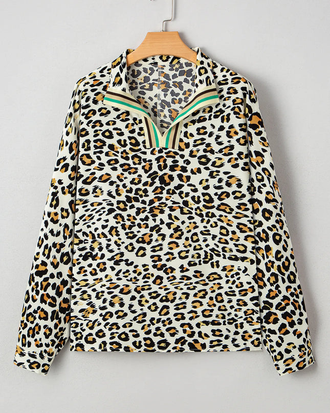 Leopard Print Contrast Striped V Neck Blouse