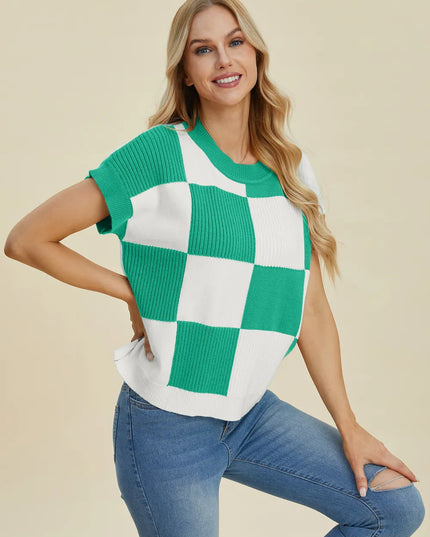 Double Take Full Size Checkered Round Neck Short Sleeve Sweater