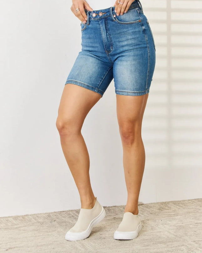 Judy Blue Full Size Tummy Control Double Button Bermuda Denim Shorts