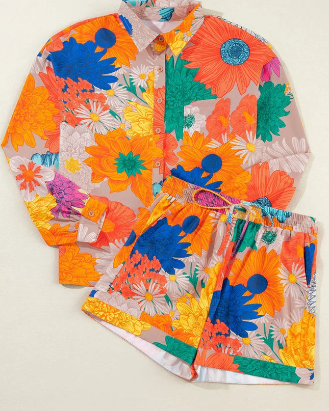 Printed Button Up Long Sleeve Top and Shorts Set