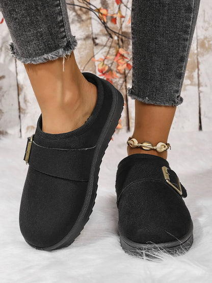 Cozy Buckle Suede Winter Slippers Black