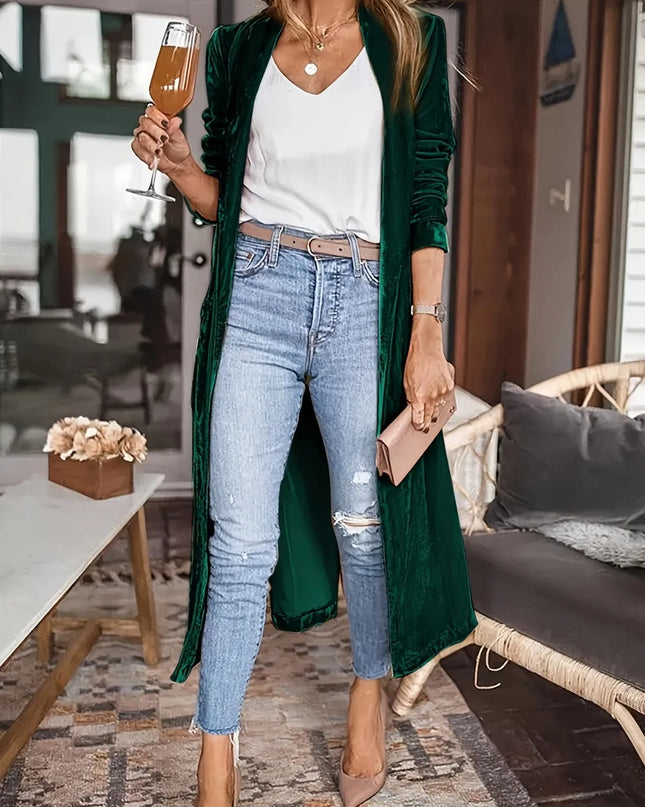 Open Front Long Sleeve Coat Dark Green