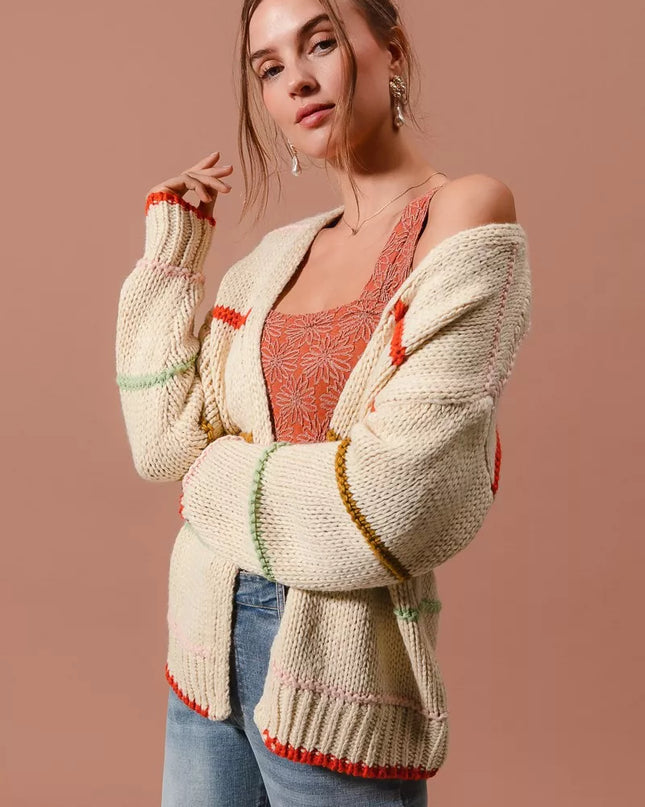 SO ME Loose Fit Multi Stripe Open Front Cardigan