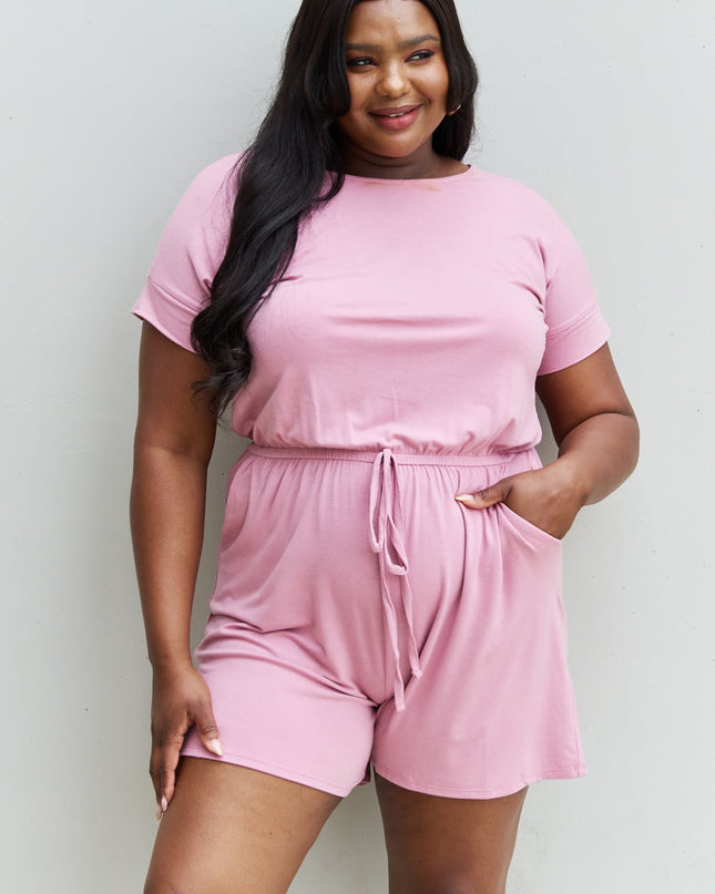 Zenana Chilled Out Full Size Short Sleeve Romper in Light Carnation Pink