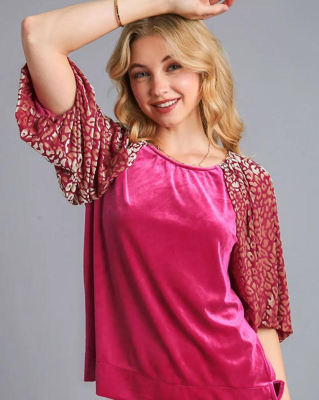 Umgee Round Neck Leopard Balloon Sleeve Velvet Top Raspberry