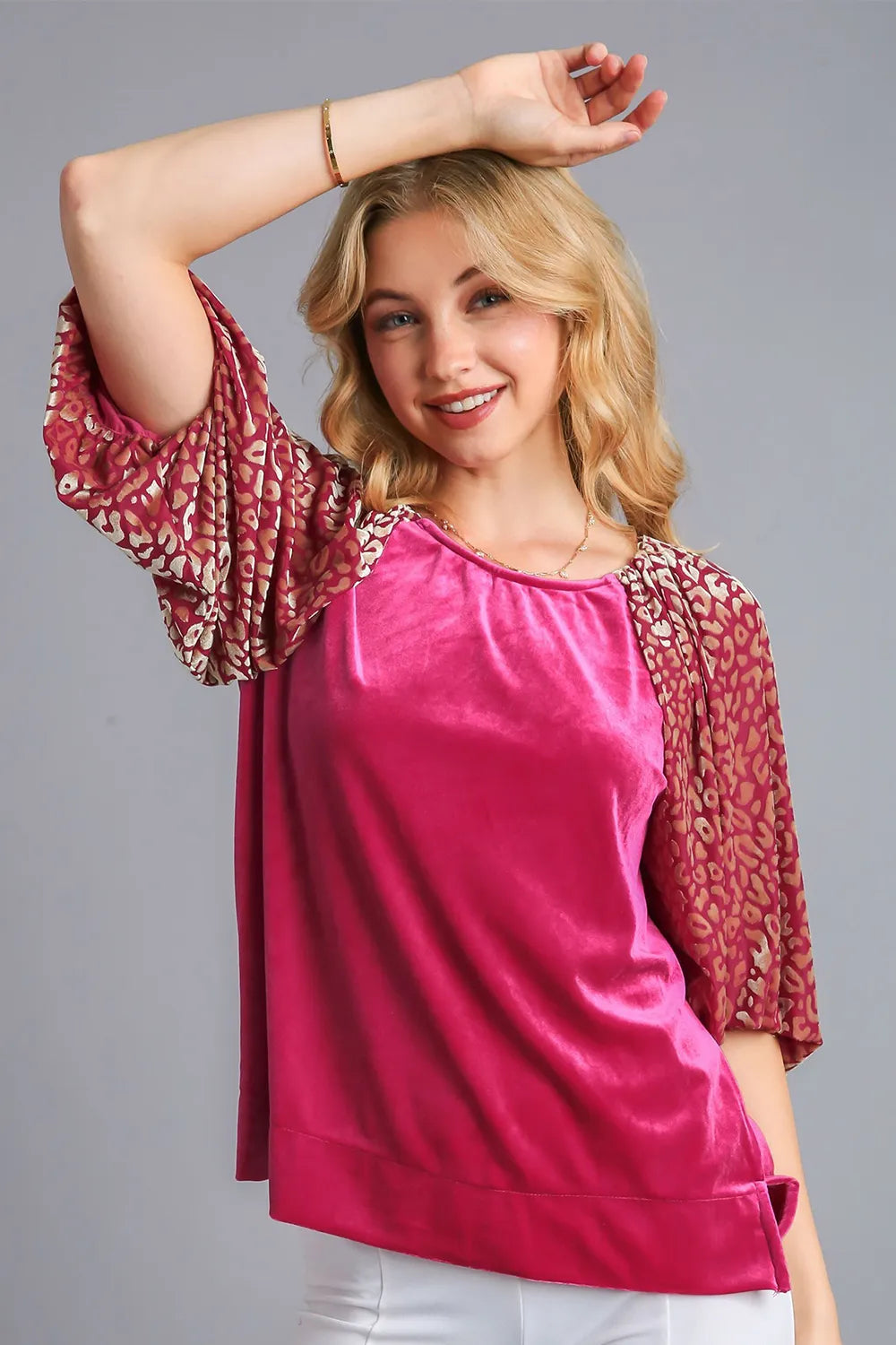 Umgee Round Neck Leopard Balloon Sleeve Velvet Top Raspberry