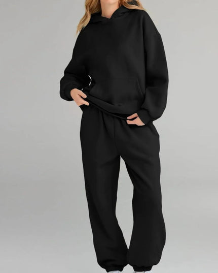 Full Size Kangaroo Pocket Hoodie and Joggers Set Plus Size Black