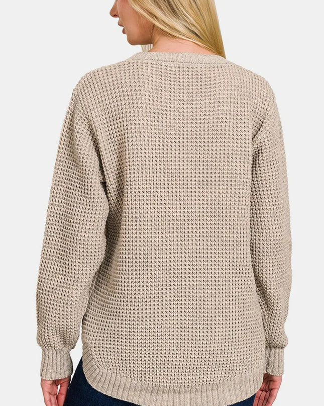 Zenana High Low Long Sleeve Waffle Sweater