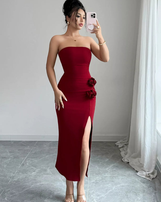 Front Split Strapless Dress with Floral Detail