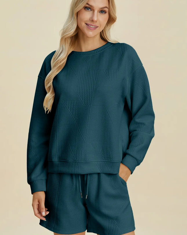 Double Take Full Size Texture Round Neck Long Sleeve Top and Shorts Set Peacock Blue