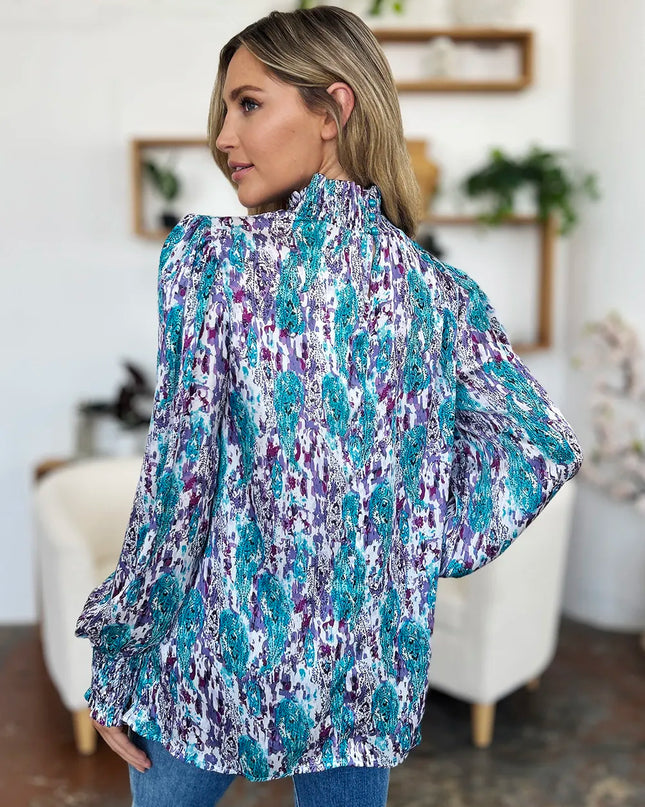 Double Take Full Size Printed Smocked Long Sleeve Blouse