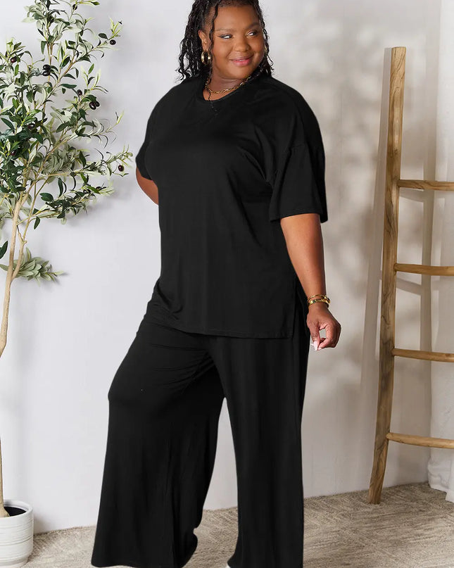 Double Take Full Size Round Neck Slit Top and Pants Set