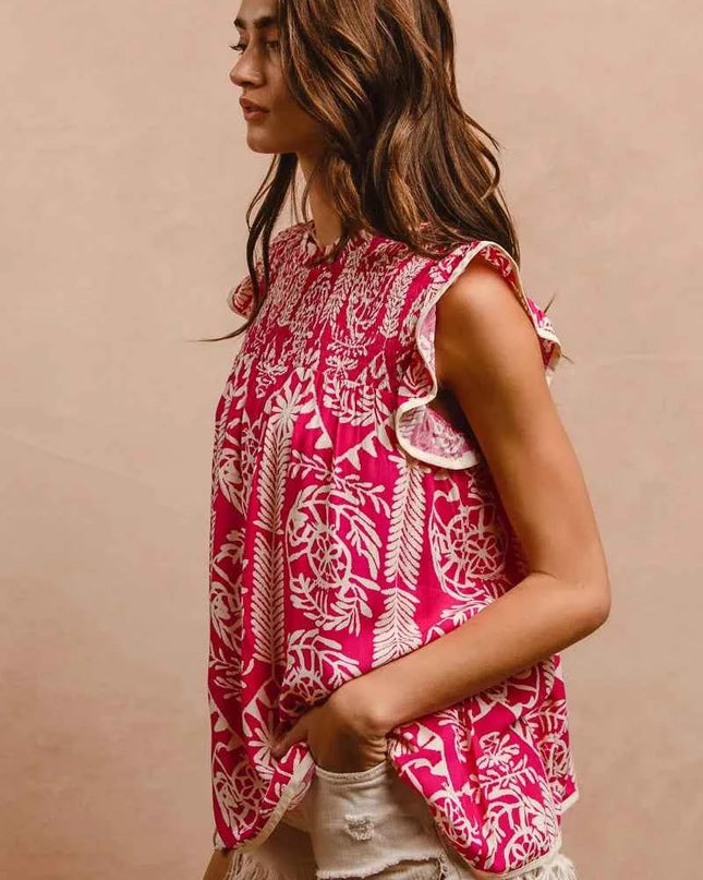 BiBi Printed Ruffle Sleeve Top
