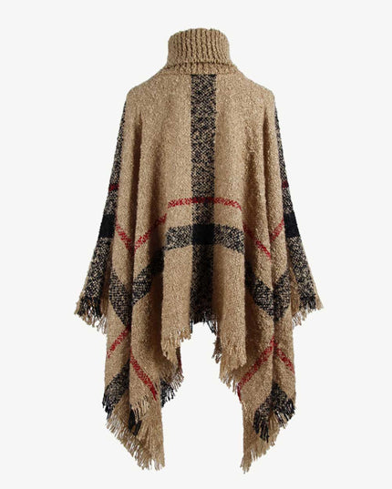 Plaid Turtleneck Raw Hem Poncho