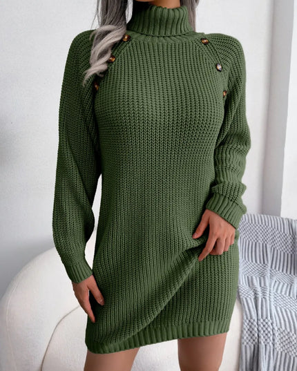 Decorative Button Turtleneck Sweater Dress Dark Green