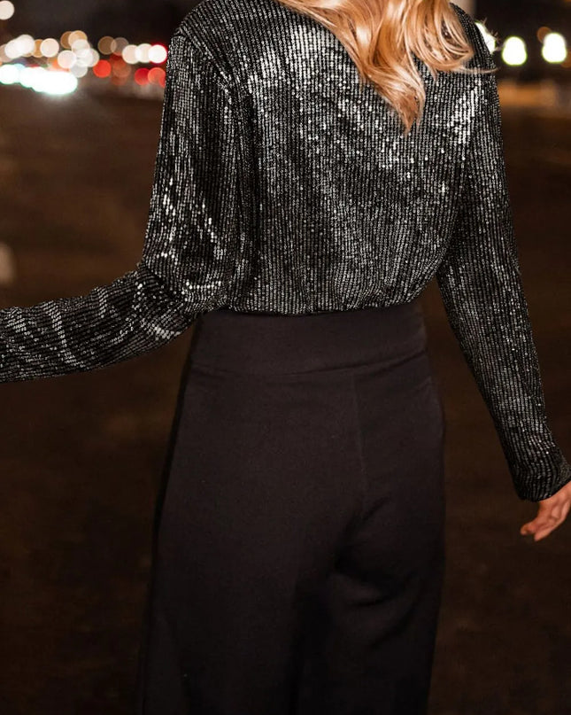Sequin Surplice Long Sleeve Bodysuit