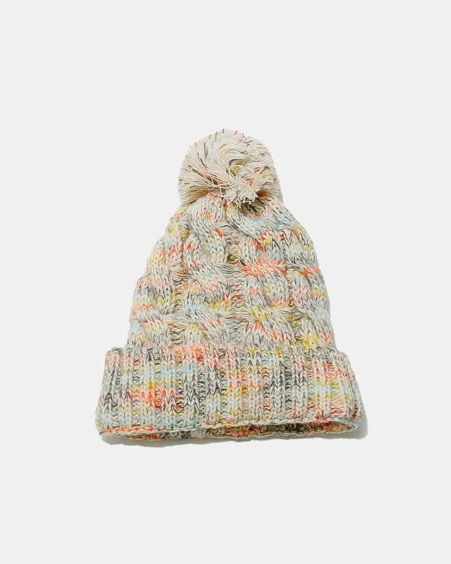 Contrast Cable-Knit Hat with Pompom Beige One Size