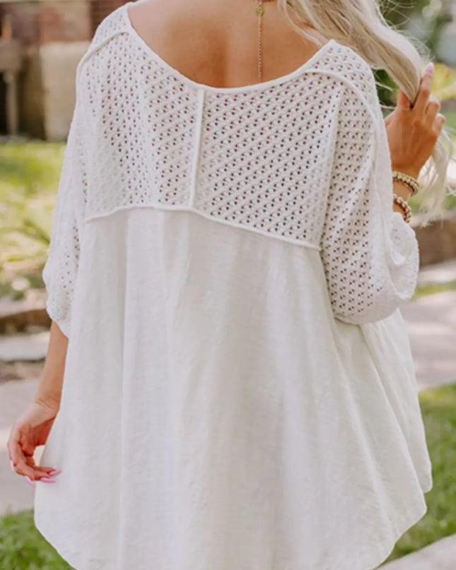 Openwork High Low Hem V Neck Oversized Top