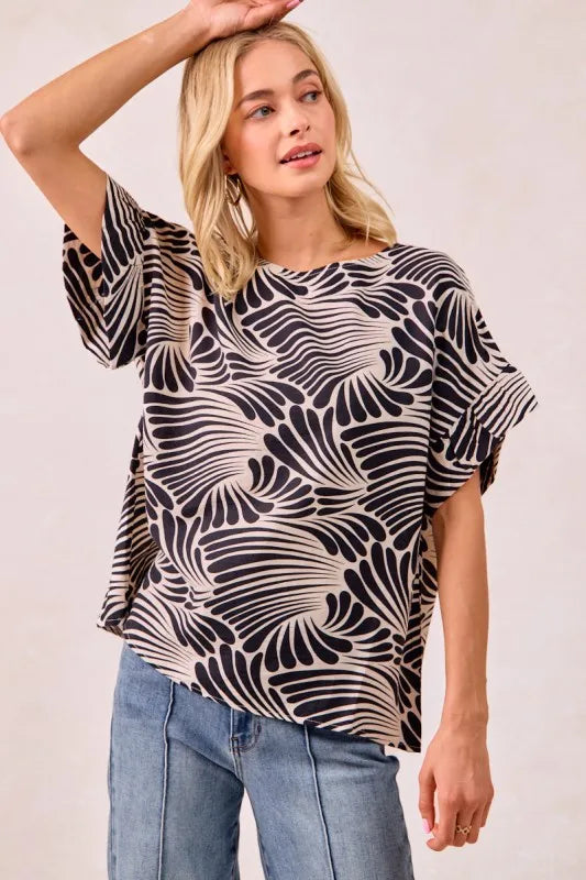 BiBi Print Woven Ruffled Sleeves Top