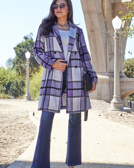 Double Take Full Size Plaid Button Up Lapel Collar Coat Violet