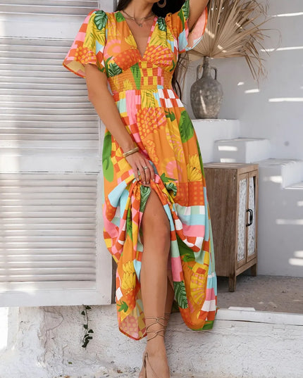 Devine Smocked Printed V-Neck Short Sleeve Maxi Dress