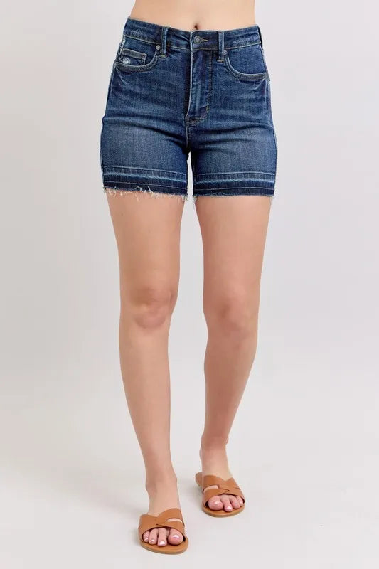 Judy Blue Full Size High Waist Tummy Control Destroy Release Hem Denim Shorts Plus Size DK