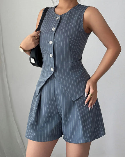 Striped Button Up Vest and Shorts Set
