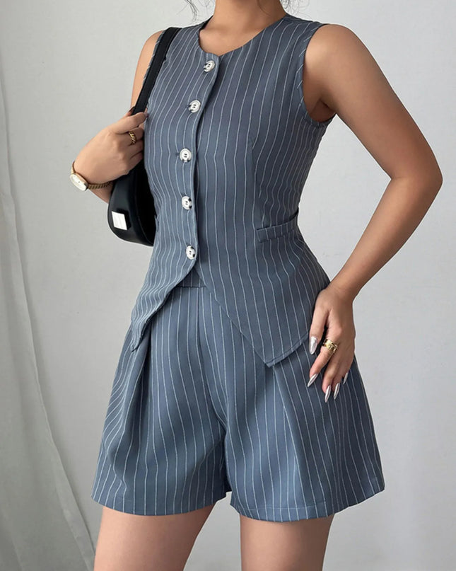 Striped Button Up Vest and Shorts Set