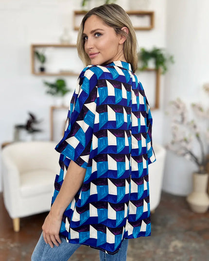 Double Take Full Size Geometric Notched Half Sleeve Blouse