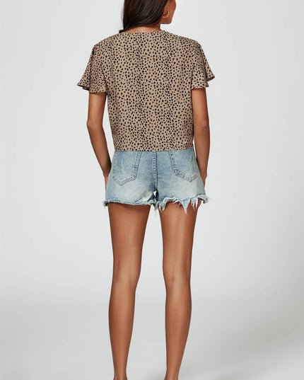 Leopard Print Tie Knot Front Buttoned Crop Top in Beige