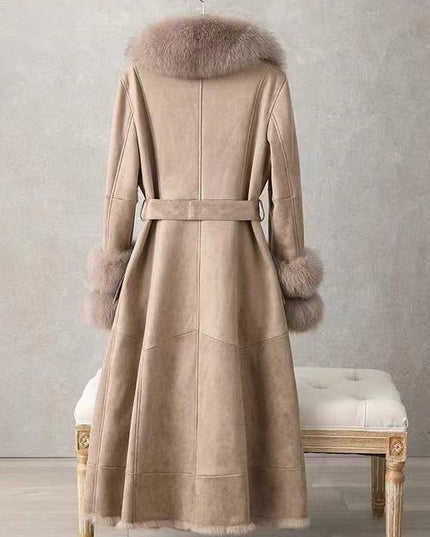 CT074Y Elegant Mid-Length Faux Fur Coat with Fox Fur Collar