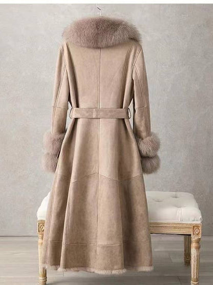 CT074Y Elegant Mid-Length Faux Fur Coat with Fox Fur Collar