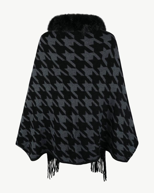 Houndstooth Fringe Hem Poncho