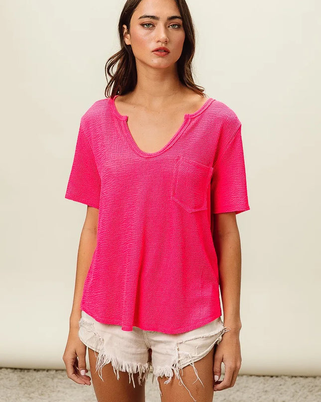 BiBi Waved Rib U Neck Top With Front Pocket